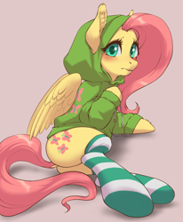 Size: 3229x3921 | Tagged: safe, artist:taytinabelle, derpibooru import, fluttershy, pegasus, pony, adorasexy, blushing, butt, clothes, cute, dock, ear fluff, female, flutterbutt, hoodie, jacket, looking at you, mare, nervous, sexy, shy, shyabetes, simple background, socks, solo, striped socks, unshorn fetlocks, wings, worried