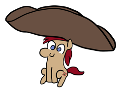 Size: 1266x942 | Tagged: safe, artist:wren, derpibooru import, oc, oc only, oc:libby tea, earth pony, pony, blue eyes, c:, chibi, cute, giant hat, happy, hat, horn, impossibly large hat, multiple horns, red hair, simple background, sitting, smiling, solo, stamp, teabag, tiny, tiny ponies, tricorne, white background