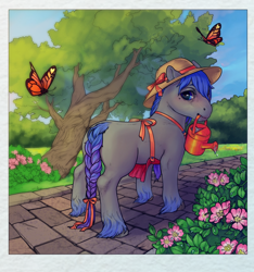 Size: 1536x1640 | Tagged: safe, artist:oops, derpibooru import, oc, oc only, oc:rhealien, butterfly, earth pony, pony, accessories, apron, bow, braided tail, clothes, digital art, flower, garden, grass, hat, nature, plant, solo, sunhat, tree, water drops, watering can