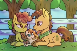 Size: 1280x854 | Tagged: safe, artist:shungire, derpibooru import, cinnamon pear, grand pear, pear butter, earth pony, pony, the perfect pear, cute, family, father and child, father and daughter, female, fence, filly, headcanon, male, mother and child, mother and daughter, parent and child, pear family member, signature, smiling, tree, young grand pear, younger