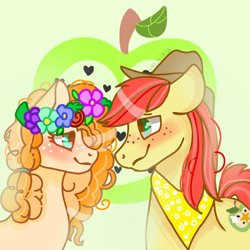 Size: 768x768 | Tagged: safe, artist:valkiria, derpibooru import, bright mac, pear butter, blushing, brightbutter, female, floral head wreath, flower, heart, looking at each other, love, male, shipping, smiling, straight