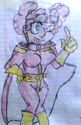 Size: 1100x1685 | Tagged: safe, artist:midday sun, derpibooru import, pinkie pie, human, bodysuit, boots, bucky o'hare, bucky o'hare and the toad wars, cape, clothes, cosplay, costume, crossover, gloves, goggles, humanized, lined paper, shoes