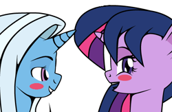 Size: 512x334 | Tagged: safe, artist:dekomaru, derpibooru import, edit, trixie, twilight sparkle, blushing, cropped, female, lesbian, shipping, twixie