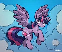 Size: 1024x866 | Tagged: safe, artist:goiabamx, derpibooru import, twilight sparkle, twilight sparkle (alicorn), alicorn, pony, cloud, eye clipping through hair, female, flying, mare, sky, solo, spread wings, wings