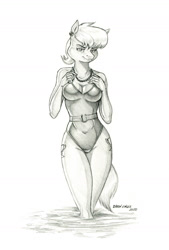 Size: 950x1407 | Tagged: safe, artist:baron engel, derpibooru import, ms. harshwhinny, anthro, earth pony, breasts, cleavage, clothes, ear piercing, earring, female, jewelry, mare, monochrome, ms. harshtitties, necklace, one-piece swimsuit, pencil drawing, piercing, solo, story included, swimsuit, traditional art