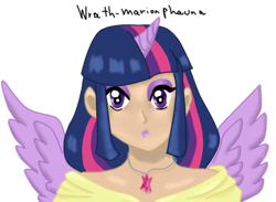 Size: 562x412 | Tagged: safe, artist:wrath-marionphauna, derpibooru import, twilight sparkle, alicorn, human, digital art, female, horn, horned humanization, humanized, jewelry, makeup, necklace, simple background, solo, transparent background, winged humanization, wings