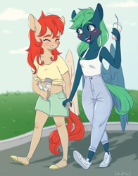 Size: 2200x2800 | Tagged: safe, artist:silbersternenlicht, derpibooru import, oc, oc only, oc:emerald, oc:firefly, anthro, pegasus, clothes, duo, eyes closed, high res, open mouth, smiling