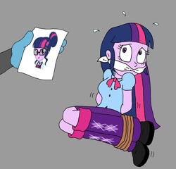 Size: 912x876 | Tagged: safe, artist:bugssonicx, derpibooru import, sci-twi, twilight sparkle, equestria girls, arm behind back, blouse, bondage, boots, bound and gagged, cloth gag, clothes, female, gag, glasses, kidnapped, looking offscreen, mistaken identity, offscreen character, photo, rope, rope bondage, scared, shoes, skirt, solo focus, tied up