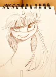 Size: 740x1024 | Tagged: safe, artist:imalou, derpibooru import, twilight sparkle, twilight sparkle (alicorn), alicorn, bust, female, looking at you, sketch, smiling, solo, traditional art