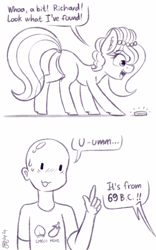 Size: 1280x2048 | Tagged: safe, artist:dsp2003, oc, oc:brownie bun, oc:richard, earth pony, human, pony, 2018, 69 (number), bit, blushing, brownie butt, butt, coin, comic, emoji, female, male, mare, money, monochrome, open mouth, plot, signature, simple background, sketch, white background