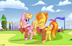 Size: 4492x2880 | Tagged: safe, alternate version, artist:dsp2003, spitfire, oc, oc:lucky doo, pegasus, pony, 2018, blushing, bomber jacket, bush, clothes, cloud, commission, duo, facehoof, female, femboy, girly, hangar, jacket, male, mare, signature, spitcky, stallion, textless, tree