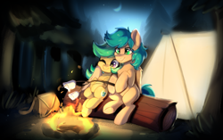 Size: 1720x1080 | Tagged: safe, artist:colorfulcolor233, derpibooru import, oc, oc only, oc:keyla, oc:summer ray, pegasus, pony, campfire, female, fire, food, forest, hug, male, mare, marshmallow, moon, night, stallion, tent, winghug