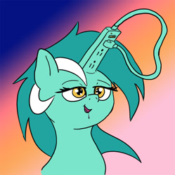 Size: 800x804 | Tagged: safe, artist:slamjam, derpibooru import, lyra heartstrings, pony, brainlet, drool, female, gradient background, mare, solo, surge protector, unlimited power, wat, wojak