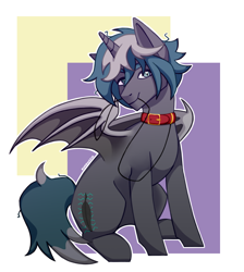 Size: 1346x1500 | Tagged: safe, artist:awesomekunussia, derpibooru import, oc, oc only, oc:elizabrat meanfeather, alicorn, bat pony, bat pony alicorn, pony, alicorn oc, bat pony oc, bat wings, clone, collar, commission, female, horn, leash, mare, mouth hold, sitting, solo, wings, ych result