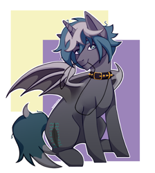 Size: 1346x1500 | Tagged: safe, alternate version, artist:awesomekunussia, derpibooru import, oc, oc only, oc:elizabrat meanfeather, alicorn, bat pony, bat pony alicorn, pony, alicorn oc, bat pony oc, bat wings, clone, collar, commission, female, horn, leash, mare, mouth hold, sitting, solo, spiked collar, wings, ych result