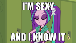 Size: 600x338 | Tagged: safe, derpibooru import, edit, edited screencap, screencap, aria blaze, equestria girls, rainbow rocks, caption, eyes closed, gem, image macro, lmfao, sexy, sexy and i know it (lmfao), siren gem, smug, song reference, text, truth