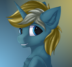 Size: 3238x2999 | Tagged: safe, artist:snowstormbat, derpibooru import, oc, unicorn, bust, gradient background, male, portrait, raised hoof, smiling, stallion