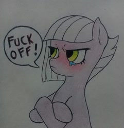 Size: 1771x1836 | Tagged: safe, artist:public mistake, derpibooru import, limestone pie, earth pony, pony, blushing, crossed arms, crying, dialogue, female, mare, solo, teary eyes, traditional art, unamused, vulgar