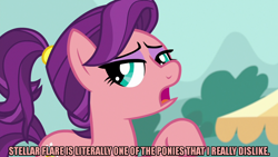 Size: 1280x720 | Tagged: safe, derpibooru import, edit, edited screencap, editor:jaredking203, screencap, spoiled rich, earth pony, pony, where the apple lies, caption, female, image macro, implied stellar flare, mare, meme, solo, spoiled milk, text