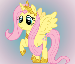 Size: 644x546 | Tagged: safe, artist:forsakenxenon, derpibooru import, fluttershy, alicorn, pony, alicornified, collar, crown, cutie mark, digital art, female, fluttercorn, horn, jewelry, looking down, mare, race swap, raised hoof, regalia, simple background, smiling, solo, spread wings, tail, wings