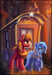 Size: 2100x3028 | Tagged: safe, artist:atlas-66, derpibooru import, big macintosh, trixie, earth pony, ghost, pony, spider, undead, unicorn, fanfic:the empty room, fanfic art, female, forest, grass, male, mare, stallion, trixie's wagon, wood