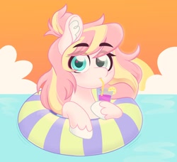 Size: 2048x1871 | Tagged: safe, artist:ninnydraws, derpibooru import, oc, oc:ninny, pony, big eyes, drinking, ear fluff, eyebrows, half body, inner tube, looking at you, simple background, smoothie, sunset, swimming, water