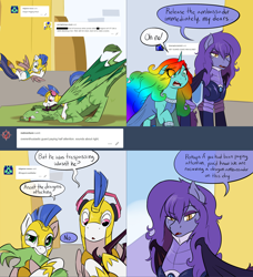 Size: 2562x2806 | Tagged: safe, artist:professor-ponyarity, derpibooru import, oc, oc:amelia, oc:arrowhead, oc:color flare, oc:nors, oc:rye, alicorn, bat pony, dragon, pony, female, headphones, male, mare, royal guard, stallion, tumblr:ask rye dimar dragon