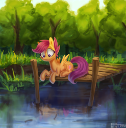 Size: 2000x2027 | Tagged: safe, artist:enderselyatdark, derpibooru import, scootaloo, fish, pegasus, pony, cute, cutealoo, female, forest, grass, pier, scenery, sitting, solo, tree, water