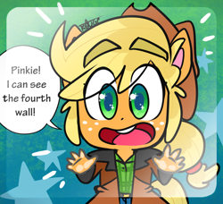 Size: 1124x1024 | Tagged: safe, artist:thegreatrouge, derpibooru import, applejack, anthro, earth pony, my little pony: pony life, clothes, female, fourth wall, hat, implied pinkie pie, open mouth, solo, speech bubble