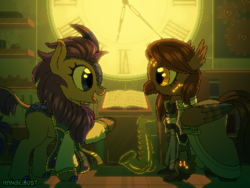 Size: 800x600 | Tagged: safe, artist:rangelost, derpibooru import, oc, oc only, hippogriff, kirin, book, clock, clothes, duo, female, hippogriff oc, kirin oc, looking at each other, musical instrument, pixel art, saxophone, smiling