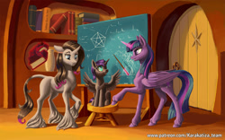 Size: 1920x1200 | Tagged: safe, artist:kirillk, derpibooru import, oleander, twilight sparkle, twilight sparkle (alicorn), oc, oc:nyx, alicorn, pony, unicorn, them's fightin' herds, book, bookshelf, chalkboard, unshorn fetlocks