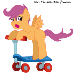 Size: 503x495 | Tagged: safe, artist:wrath-marionphauna, derpibooru import, scootaloo, digital art, missing cutie mark, open mouth, scooter, solo