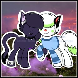 Size: 1080x1080 | Tagged: safe, artist:elinka_officall, derpibooru import, oc, oc only, cat, cat pony, original species, bandage, base used, choker, clothes, duo, eyes closed, holding hooves, leonine tail, smiling