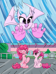 Size: 768x1024 | Tagged: safe, artist:mrleft, derpibooru import, bifröst, pinkie pie, silverstream, earth pony, hippogriff, pegasus, pony, series:school snacks, female, friendship student, imminent vore, mare, one eye closed, sitting, story in the source, wink