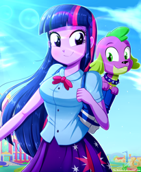 Size: 1784x2163 | Tagged: safe, artist:the-butch-x, derpibooru import, spike, twilight sparkle, dog, equestria girls, arms, backpack, blouse, bowtie, breasts, bust, canterlot high, clothes, cloud, cute, cutie mark, eyelashes, female, fingers, hand, happy, house, lamppost, long hair, male, outdoors, puffy sleeves, puppy, redraw, rework, school, skirt, sky, smiling, spikabetes, spike the dog, standing, teenager, twiabetes
