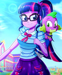 Size: 1784x2163 | Tagged: safe, alternate version, artist:the-butch-x, derpibooru import, sci-twi, spike, spike the regular dog, twilight sparkle, dog, equestria girls, equestria girls series, arms, backpack, blouse, bowtie, breasts, bust, canterlot high, clothes, cloud, cute, eyelashes, female, fingers, geode of telekinesis, glasses, hand, happy, house, lamppost, long hair, magical geodes, male, outdoors, ponytail, puffy sleeves, puppy, redraw, rework, school, signature, skirt, sky, smiling, spikabetes, standing, teenager, the-butch-x is trying to murder us, twiabetes