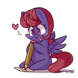 Size: 1238x1238 | Tagged: safe, artist:dsp2003, oc, oc:quick draw, pegasus, pony, 2018, 30 minute art challenge, bipedal, blushing, chibi, cute, female, heart, lifeloser-ish, mare, open mouth, pencil, simple background, sitting, style emulation, transparent background