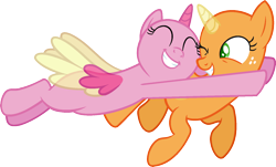 Size: 1489x899 | Tagged: safe, artist:pegasski, derpibooru import, oc, oc only, alicorn, pony, fame and misfortune, alicorn oc, bald, base, duo, eyelashes, flying, freckles, grin, horn, hug, one eye closed, simple background, smiling, transparent background, two toned wings, wings, wink