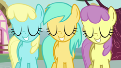 Size: 1280x720 | Tagged: safe, derpibooru import, screencap, parasol, sassaflash, sunshower raindrops, pegasus, pony, a friend in deed, eyes closed, female, grin, mare, smile song, smiling, trio