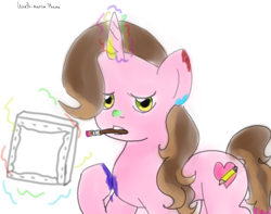 Size: 2000x1577 | Tagged: safe, artist:wrath-marionphauna, derpibooru import, oc, oc only, oc:color breezie, unicorn, covered in paint, looking at you, magic, paintbrush, painting, sketch, solo