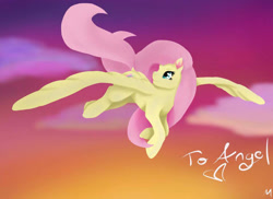 Size: 960x698 | Tagged: safe, artist:totallyadorito, derpibooru import, fluttershy, pegasus, pony, cloud, flying, large wings, solo, sunset, wings