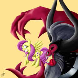 Size: 2449x2449 | Tagged: safe, artist:shadowartbrony, derpibooru import, fluttershy, lord tirek, centaur, pegasus, pony, digital art, female, male, mare, scared, tongue out