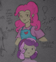 Size: 2340x2563 | Tagged: safe, artist:pochychan, derpibooru import, pinkie pie, sweetie belle, human, humanized, smiling