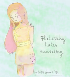 Size: 964x1071 | Tagged: safe, artist:pochychan, derpibooru import, fluttershy, human, green isn't your color, clothes, dress, female, humanized, modeling, solo