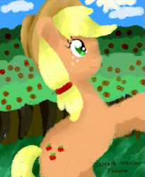 Size: 461x561 | Tagged: safe, artist:wrath-marionphauna, derpibooru import, applejack, earth pony, pony, digital art, smiling, solo, sweet apple acres