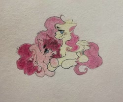 Size: 1080x898 | Tagged: safe, artist:x0x_k1nn13_kw33n_x0x, derpibooru import, fluttershy, pinkie pie, earth pony, pegasus, pony, blushing, duo, female, mare, prone, traditional art