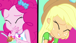 Size: 1920x1080 | Tagged: safe, derpibooru import, screencap, applejack, pinkie pie, better together, equestria girls, tip toppings, tip toppings: applejack, geode of sugar bombs, geode of super strength, magical geodes