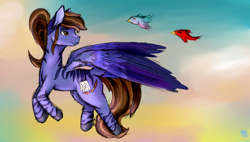 Size: 1900x1080 | Tagged: safe, artist:totallyadorito, derpibooru import, oc, oc:voltage, bird, hybrid, zebra, zony, female, flying, mare, solo, zebrasus