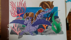 Size: 1280x720 | Tagged: safe, artist:voltage-art, derpibooru import, oc, oc:voltage, sea pony, coral, eyelashes, reef, smiling, solo, traditional art, underwater, water, wings