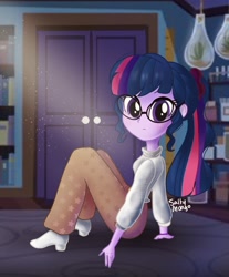 Size: 1536x1856 | Tagged: safe, artist:saltymango, derpibooru import, sci-twi, twilight sparkle, equestria girls, alternate clothes, alternate hairstyle, blouse, boots, cute, glasses, light, looking at you, ponytail, shoes, sitting, solo, twiabetes